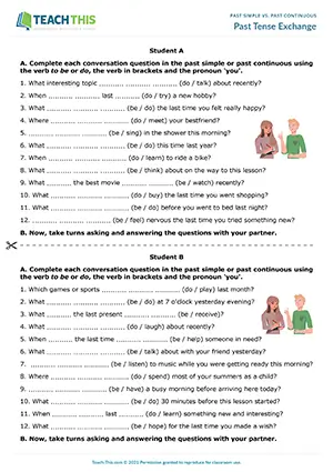 ESL past simple and past continuous activity for pre-intermediate A2: forming, asking, answering conversation questions