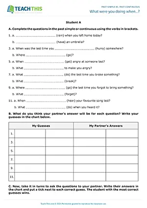 ESL past simple vs past continuous game for intermediate B1: guessing, Q&A, pair practice