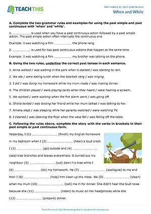 ESL when and while worksheet for intermediate B1: gap-fill, binary choice, identifying, sentence completion