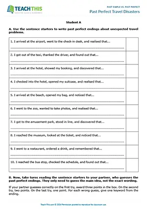 ESL past simple vs past perfect game for upper-intermediate B2: forming sentences, guessing, controlled practice, group and pair work
