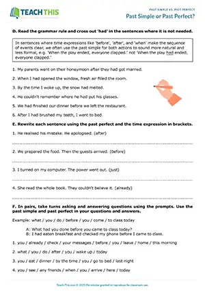 ESL Past Simple vs. Past Perfect worksheet for intermediate B1: binary choice, matching, gap-fill, identifying, rewriting sentences, asking and answering questions from prompts, controlled and freer practice