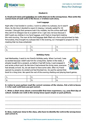 ESL Past Simple vs. Past Perfect activity for intermediate B1: identifying, error correction, writing short stories