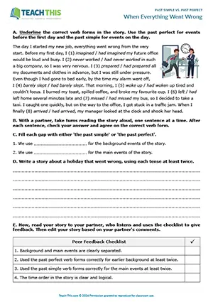 ESL Past Simple vs. Past Perfect activity for intermediate B1: binary choice, gap-fill, writing stories, peer review, freer practice, pair work