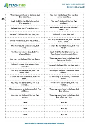 ESL past simple vs present perfect game for intermediate B1: true or false, group questioning