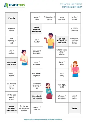 ESL past simple vs present perfect board game for upper-intermediate B2: impromptu speech, guessing, group play