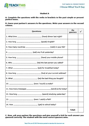 ESL past simple and present perfect game for intermediate B1: Q&A, guessing, pair work