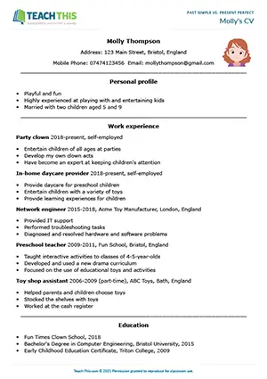 ESL past simple vs present perfect worksheet for intermediate B1: reading, gap-fill, job interview role-play