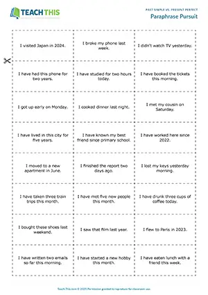 ESL past simple vs present perfect game for intermediate B1: paraphrasing, guessing, group work