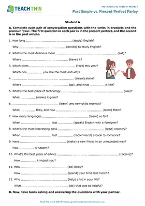 ESL past simple vs present perfect speaking activity for intermediate B1: question/answer pairs, class reporting