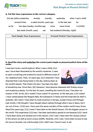 ESL past simple or present perfect worksheet for intermediate B1: time expressions, gap-fill