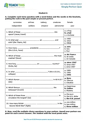 ESL past simple vs present perfect quiz for upper-intermediate B2: gap-fill, multiple choice, trivia