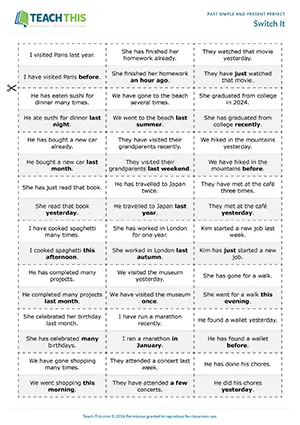 ESL past simple vs present perfect game for intermediate B1: sentence transformation, adverbial time expressions