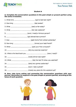 ESL past simple vs present perfect activity for intermediate B1: conversation question pairs, partner interviews