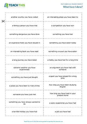 ESL past simple vs present perfect game for upper-intermediate B2: true or false, guessing, group game