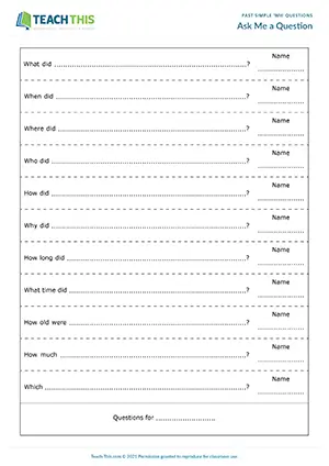 ESL past simple questions activity for intermediate B1: writing questions for classmates, group work