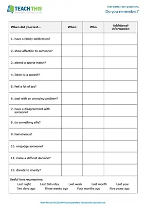 ESL past simple questions activity for intermediate B1: asking 'When did you last...?' and follow-up details