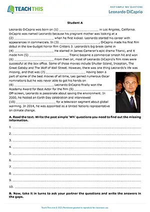 ESL past simple information gap for upper-intermediate B2: Wh questions to complete a text about Leonardo DiCaprio