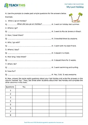 ESL past simple running dictation for pre-intermediate A2: holidays, question writing, group work