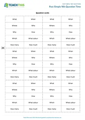 ESL past simple questions game for pre-intermediate A2: forming questions from prompts, group work