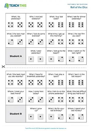 ESL past simple questions game for pre-intermediate A2: forming/answering questions, rolling dice, pair work