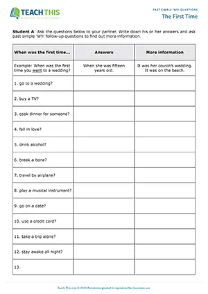 ESL past simple Wh questions activity for pre-intermediate A2: asking about first experiences, follow-ups