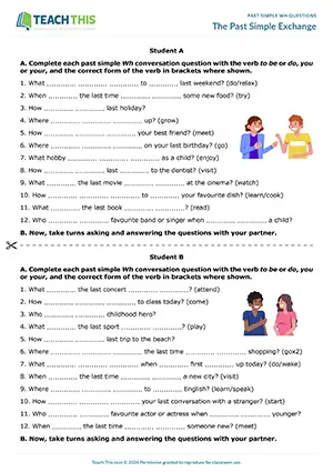 ESL past simple Wh questions activity for pre-intermediate A2: forming, asking, answering conversation questions