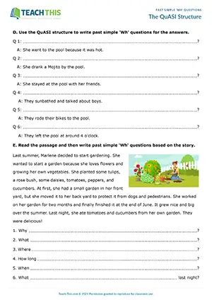 ESL past simple Wh questions worksheet for pre-intermediate A2: matching, categorizing, error correction