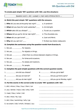 ESL Wh questions with did worksheet for elementary A1-A2: matching, gap-fill, unscrambling, writing