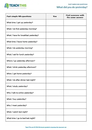 ESL past simple Wh questions activity for elementary A1-A2: asking and answering questions about what they did yesterday