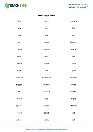 ESL past simple questions game for intermediate B1: team leaders, choosing verbs, Q&A, team competition
