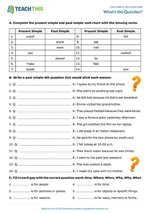ESL past simple Wh questions relay game for pre-intermediate A2: writing questions, group race