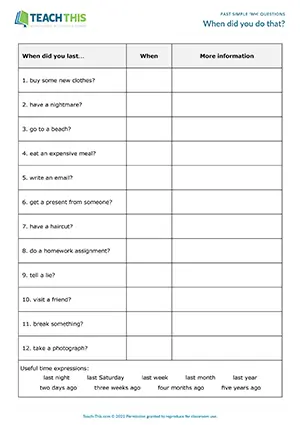 ESL past simple Wh questions activity for pre-intermediate A2: when/what Q&A, pair interviews