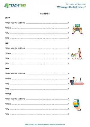 ESL past simple Wh questions activity for pre-intermediate A2: partner interviews, question writing