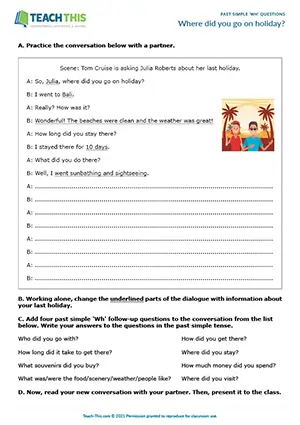 ESL past simple holiday questions activity for pre-intermediate A2: dialogue, question writing, pair work