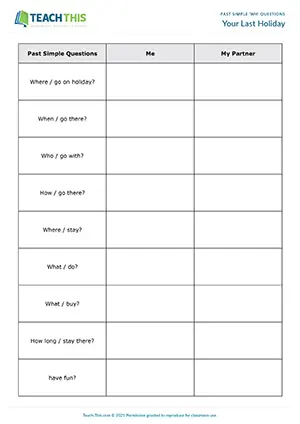 ESL past simple Wh questions activity for elementary A1-A2: asking/answering about a classmate's last holiday