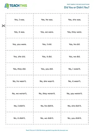 ESL past simple yes/no questions game for elementary A1-A2: short answer cards, group game