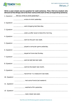 ESL Did you questions activity for elementary A1-A2: writing, pair interviews, class speaking