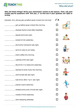 ESL past simple yes/no questions guessing activity for elementary A1-A2: making guesses, group mingling
