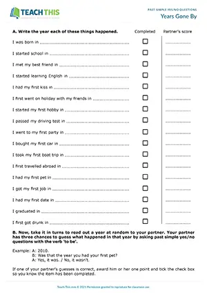 ESL past simple yes/no questions game for pre-intermediate A2: guessing life events by year, pair work
