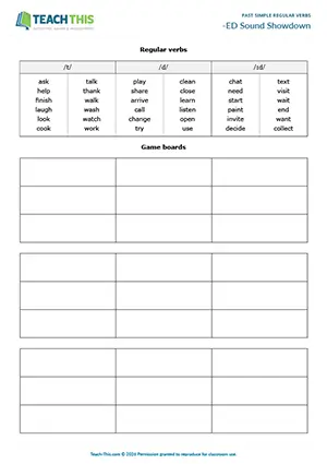 ESL past simple -ed pronunciation game for pre-intermediate A2: noughts and crosses, sentence building
