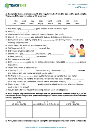 ESL -ed pronunciation worksheet for elementary A1-A2: gap-fill, categorizing, pronunciation, pair work