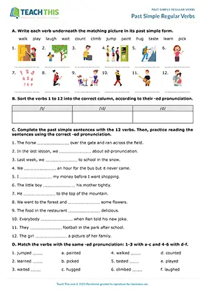 ESL regular verbs worksheet for pre-intermediate A2: -ed pronunciation, gap-fill, matching
