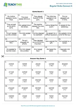 ESL past simple regular verbs game for elementary A1-A2: connect 4, -ed pronunciation, group