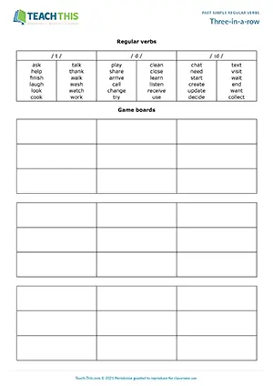 ESL past simple -ed pronunciation game for pre-intermediate A2: noughts and crosses, sentence building
