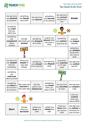 ESL past simple -ed pronunciation board game for pre-intermediate A2: true or false, group play