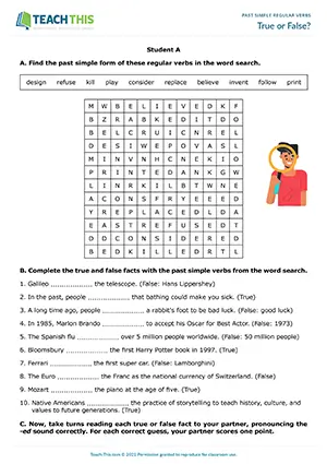 ESL past simple regular verbs game for intermediate B1: word search, gap-fill, true or false, pronunciation