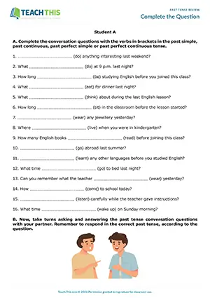 ESL past tenses activity preview for intermediate B1: grammar and speaking, question formation, group and pair work