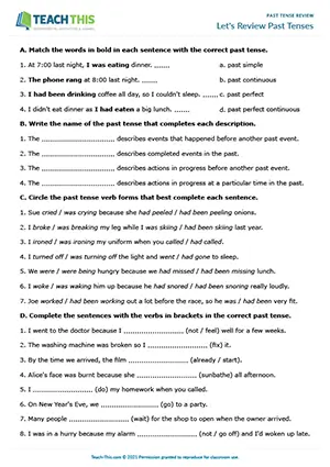 ESL past tenses worksheet preview for intermediate B1: grammar exercises, matching, gap-fill, binary choice