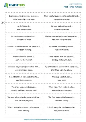 ESL upper-intermediate game preview: drawing, guessing, sentence completion, group work, past tenses