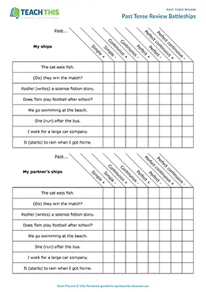 ESL past tenses game preview for intermediate B1: battleships, forming sentences, affirmation, negation, pair work